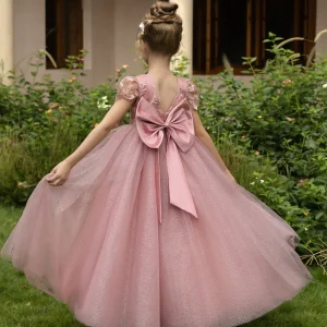 Robe Col Rond en Tulle pour Petite Fille d'Honneur avec Appliques et Nœud en Satin
