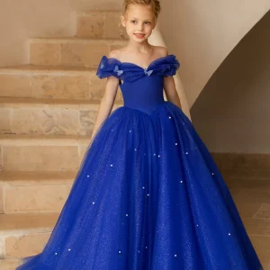 Robe Épaules Dénudées en Tulle pour Petite Fille d'Honneur avec Perles
