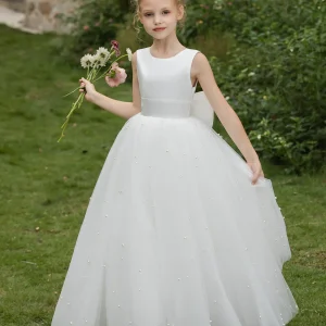 Robe Col Rond en Tulle pour Petite Fille d'Honneur avec Perles et Nœud en Satin