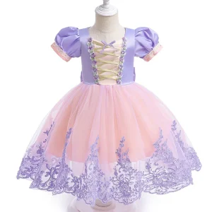 Robe Princesse Col Rond Manches Courtes pour Petite Fille d'Honneur avec Appliques, Nœud(S) et Broderies