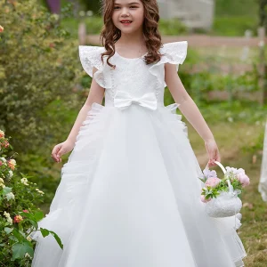 Robe Princesse Col Rond sans Manches pour Petite Fille d'Honneur avec Appliques et Volants