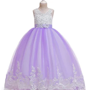 Robe Princesse Col Rond sans Manches pour Petite Fille d'Honneur avec Appliques