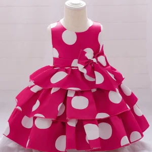Robe Princesse Col Rond Volants pour Petite Fille d'Honneur avec Pois
