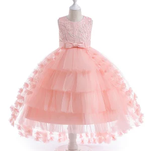 Robe Princesse Col Rond Brodée Volants pour Petite Fille d'Honneur avec Ceinture