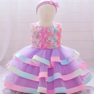 Robe Princesse Col Rond sans Manches pour Petite Fille d'Honneur avec Ceinture