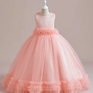 Robe Princesse Col Rond sans Manches pour Petite Fille d'Honneur avec Appliques