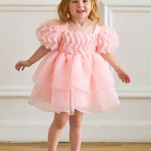 Robe Princesse Col Rond Manches Bouffantes pour Petite Fille d'Honneur avec Volants