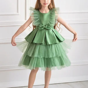 Robe Princesse Col Rond Manches Volantes pour Petite Fille d'Honneur avec Nœud