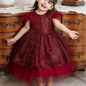 Robe Princesse Col Rond Manches Volantes Robe De Noël avec Sequins pour Filles