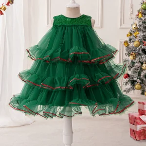 Robe de Bal à Volants et Col En V Sans Manches pour Filles