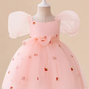 Robe Princesse Col Rond Manches Bouffantes pour Petite Fille d'Honneur avec Nœud