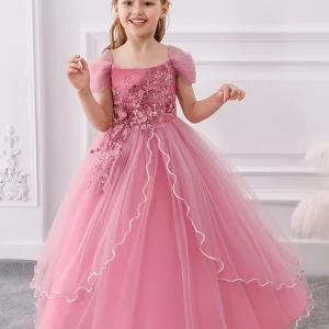 Robe Princesse Épaules Dénudées Manches Courtes pour Petite Fille d'Honneur avec Perles
