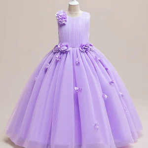 Robe Princesse Col Rond sans Manches pour Petite Fille d'Honneur avec Fleur Solide