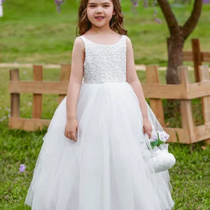 Robe Princesse Col Rond sans Manches pour Petite Fille d'Honneur avec Appliques
