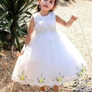 Robe Princesse Col Rond sans Manches pour Petite Fille d'Honneur avec Perles