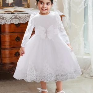 Robe de Bal à Manches Longues et Décolleté Plongeant avec Perles