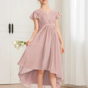 Robe de Demoiselled'Honneur Junior Coupe A-Line/Princesse, Col en V, Manches Courtes, Nœud
