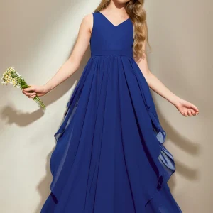 Robe de Demoiselled'Honneur Junior Coupe A-Line/Princesse, Col en V, Sans Manches, à Volants