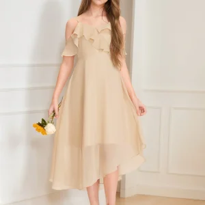 Robe de Demoiselled'Honneur Junior Coupe A-Line/Princesse, Épaules Dénudées, Manches Courtes, Volants