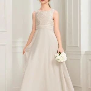 Robes de Demoiselled'Honneur Junior en Dentelle, Coupe A-Line/Princesse, Décolleté Plongeant, Sans Manches
