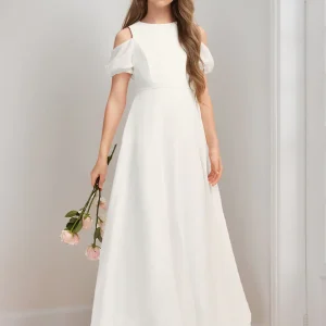 Robe de Demoiselled'Honneur Junior Coupe A-Line/Princesse, Épaules Dénudées, Manches Courtes, Nœud