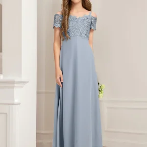 Robe de Demoiselled'Honneur Junior en Dentelle, Coupe Trapèze/Princesse, Épaules Dénudées, Manches Courtes