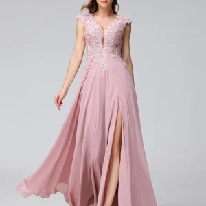 Robe trapèze de demoiselle d'honneur longue en mousseline de soie, col en V, sans manches, avec appliques fendues sur le côté