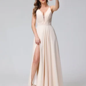 A-ligne bretelles spaghetti col en V sans manches longues robes de demoiselle d'honneur en mousseline avec côté fendu