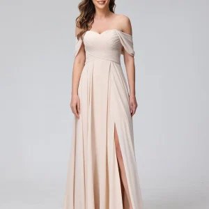 Robe de demoiselle d'honneur trapèze, épaules dénudées, sans manches, froncée, longue en mousseline de soie, avec fente sur le côté