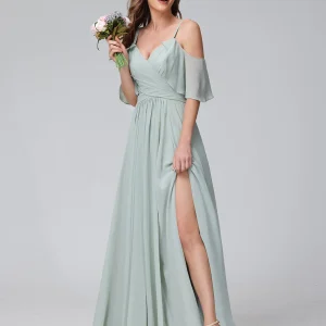Robes de demoiselle d'honneur longues en mousseline de soie à col en V avec fente sur le côté et bretelles spaghetti