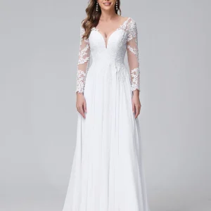 Robe de mariée trapèze col en V, manches longues, en mousseline de soie, avec appliques en dentelle