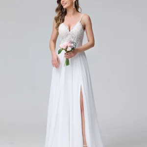 Robe de mariée trapèze, bretelles Spaghetti, col en V, sans manches, longue, en mousseline, avec appliques fendues sur le côté