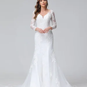 Trompette/Sirène Col en V Manches Longues Dentelle Robes de Mariée