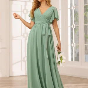 Forme Princesse Col V Manches courtes Longue Robes de demoiselle d'honneur avec Ceinture