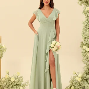 Forme Princesse Col V Longue Robes de demoiselle d'honneur avec Volants