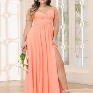 Robe de Demoiselled'Honneur Grande Taille Longue, Coupe A-Line/Princesse, Col en V avec Fente Latérale