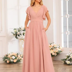 Forme Princesse Col en V Longue Robes de soirée de mariage avec Côté fendu et poches