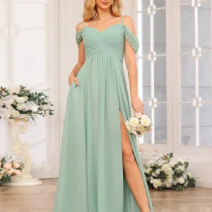 Forme Princesse Bretelles spaghetti Longue Robes de soirée de mariage avec Côté fendu et poches