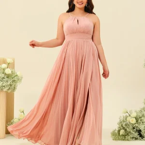 Robe de Demoiselle d'Honneur Longue Grande Taille à Col Licou et Coupe Princesse avec Fente Sur Le Côté et Volants