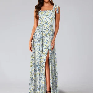 Robe de Demoiselled'Honneur Trapèze/Princesse, Col Carré, Sans Manches, Fendue Sur le Côté, Motif Floral