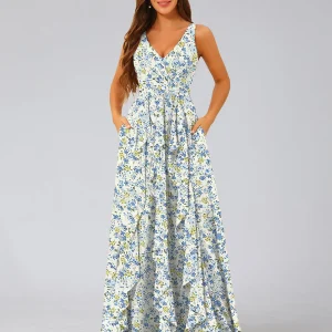 Robe de Demoiselled'Honneur à Fleurs, Coupe Trapèze/Princesse, Col en V, Sans Manches, Volants