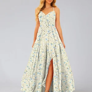 Robe de Demoiselled'Honneur Trapèze/Princesse, Col en V, Sans Manches, Fendue Sur le Côté, Motif Floral