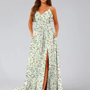 Robe de Demoiselled'Honneur à Fleurs, Coupe Trapèze/Princesse, Col en V, Sans Manches, Volants