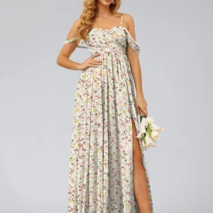 Robe de Demoiselled'Honneur Trapèze/Princesse, Épaules Dénudées, Sans Manches, Fendue Sur le Côté, Motif Floral