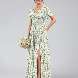 Robe de Demoiselled'Honneur Trapèze/Princesse à Col en V et Manches Courtes, Motif Floral Fendu Sur le Côté