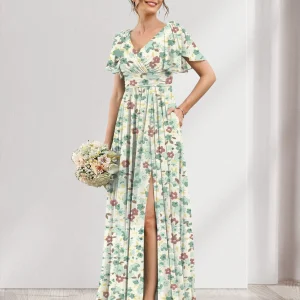 Robe de Demoiselled'Honneur Trapèze/Princesse à Col en V et Manches Courtes, Motif Floral Fendu Sur le Côté