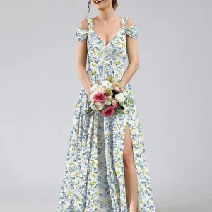 Robe de Demoiselled'Honneur Trapèze/Princesse, Épaules Dénudées, Manches Courtes, Fendue Sur le Côté, Motif Floral.