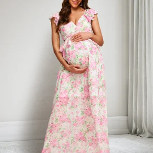 Robes de Maternité Imprimées Florales, Longueur Cheville, Col en V, Ligne A/Princesse avec Volants