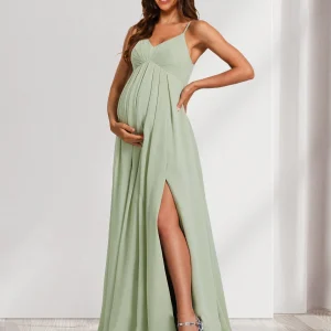 Robes de Maternité Longues Au Sol à Bretelles Spaghetti Style A-Line/Princesse avec Fente Latérale et Plis