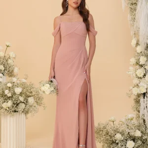 Robes de Demoiselle d'Honneur Longues à Bretelles Spaghetti, Décolleté Épaule Nue, Style Fourreau/Colonne, Plissées, avec Fente Latérale